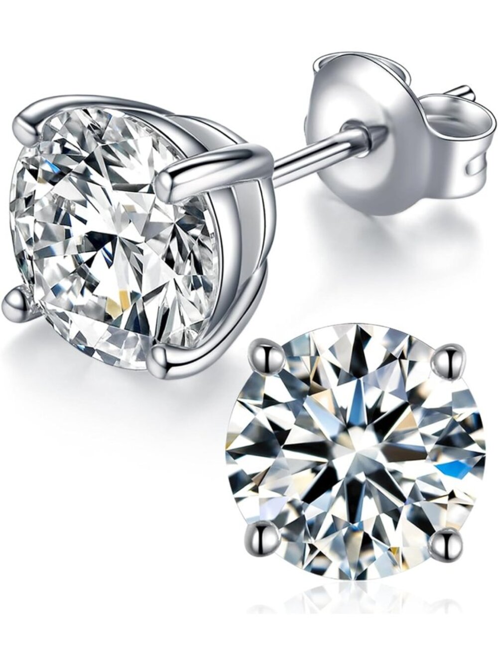 Round Cut Moissanite Stud Earrings, D Color VVS1, 18K White Gold Plated, Unisex